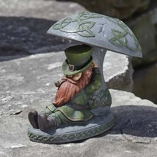 10"H Led Solar Leprechaun Leaning on Mushroom Figure