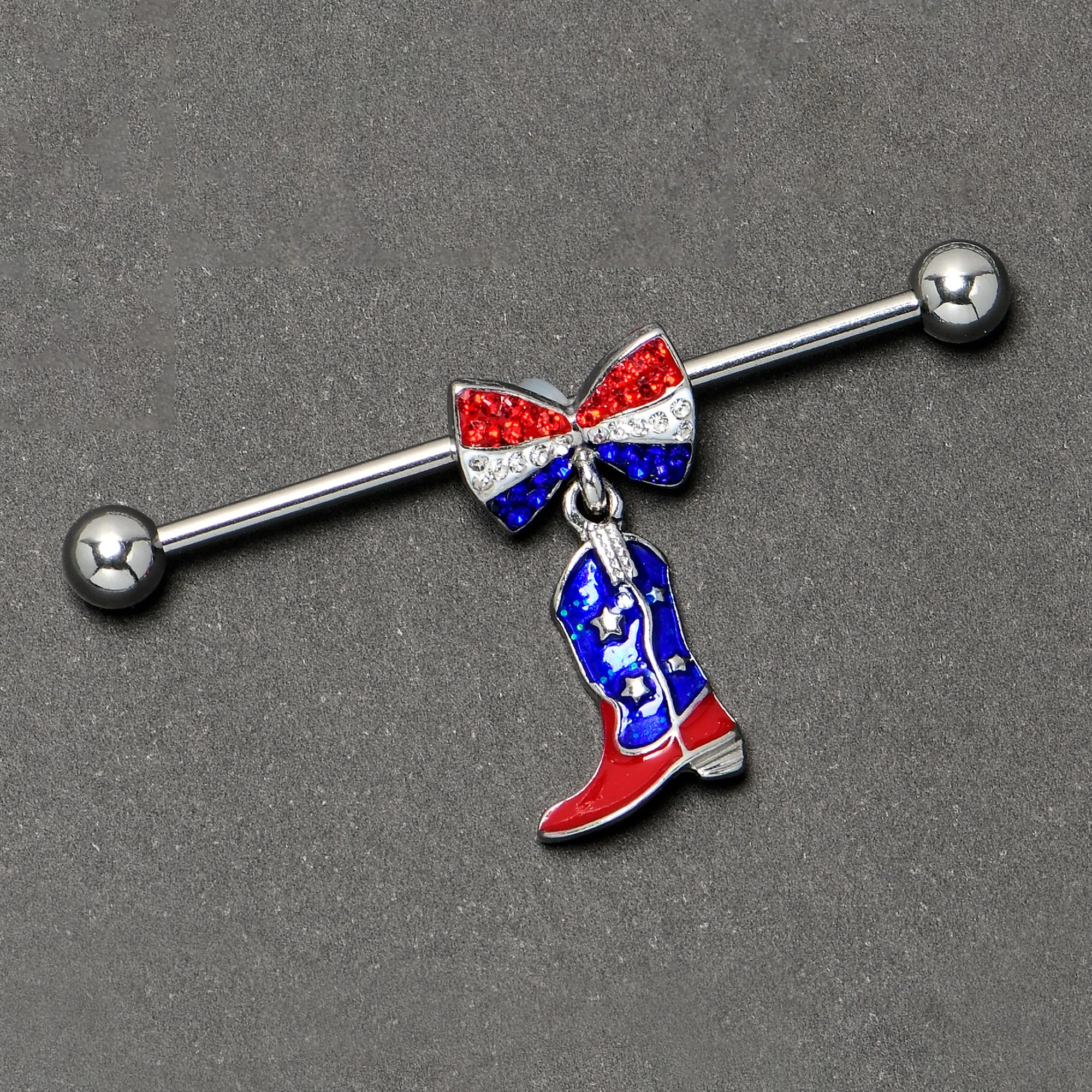 14 Gauge Red Blue Gem Bow Cowboy Boot Patriotic Industrial Barbell 38mm