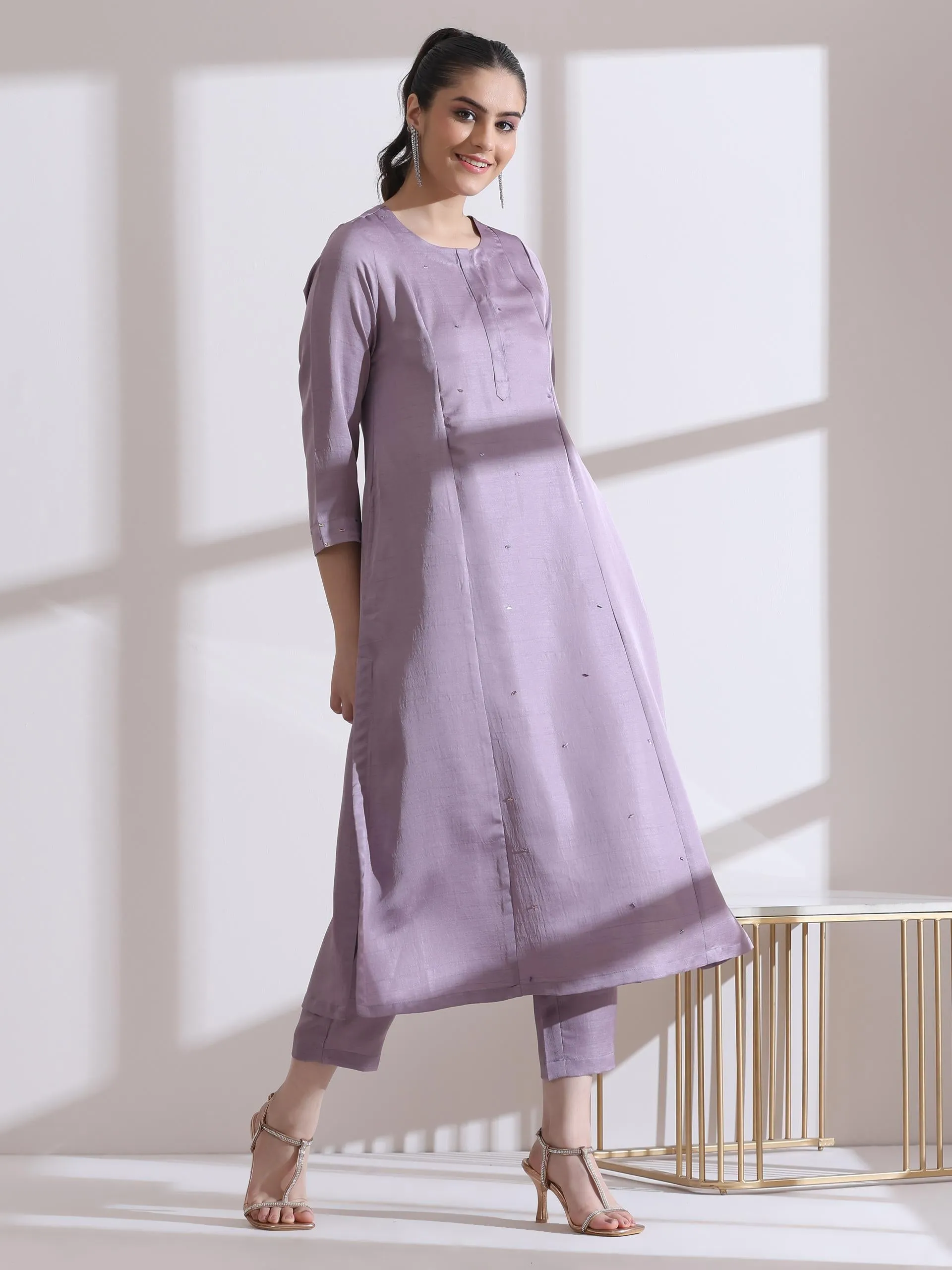2 Pc Set - Prf'T Lux Lilac Beaded Kurta With Pants