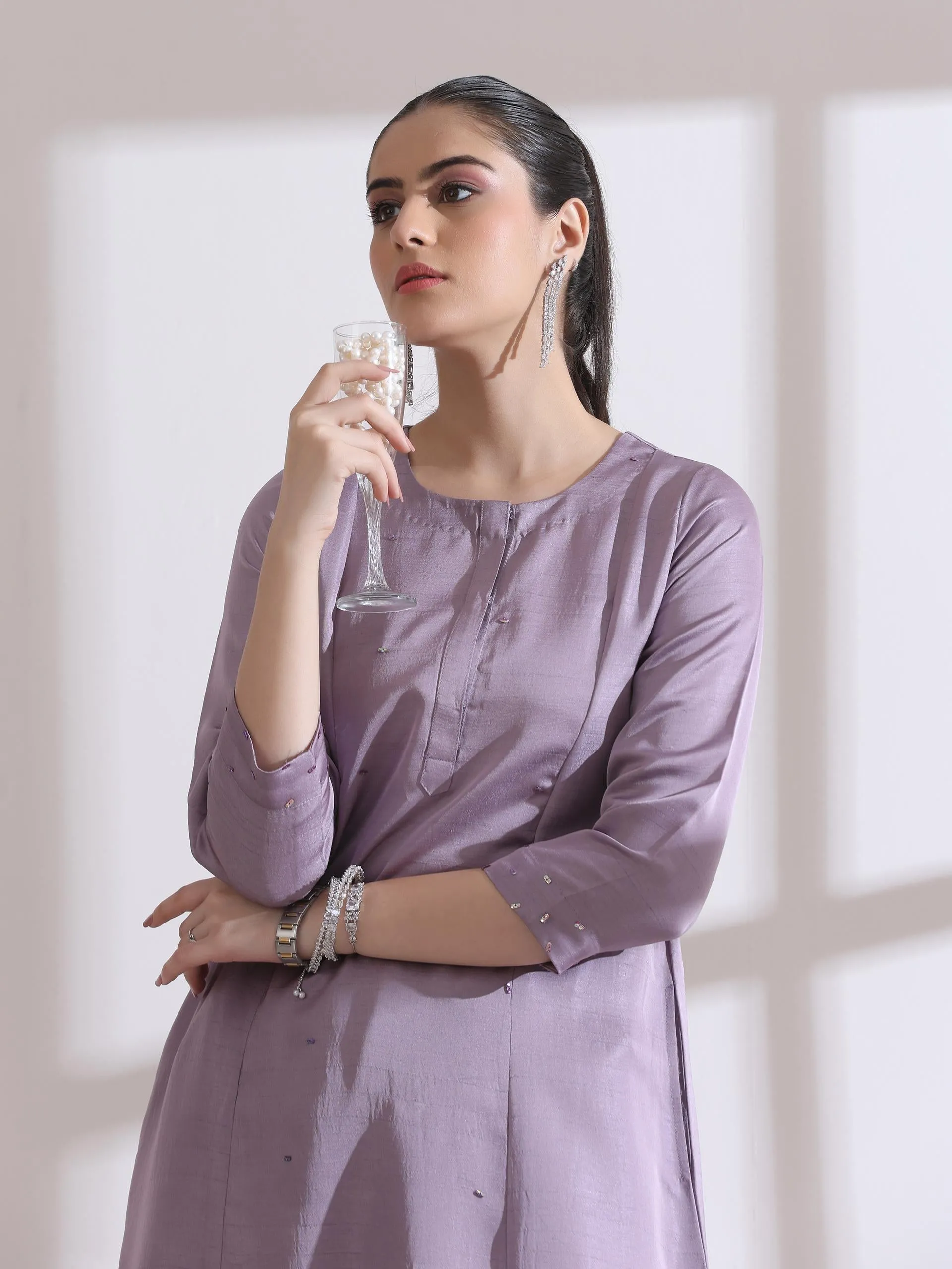 2 Pc Set - Prf'T Lux Lilac Beaded Kurta With Pants