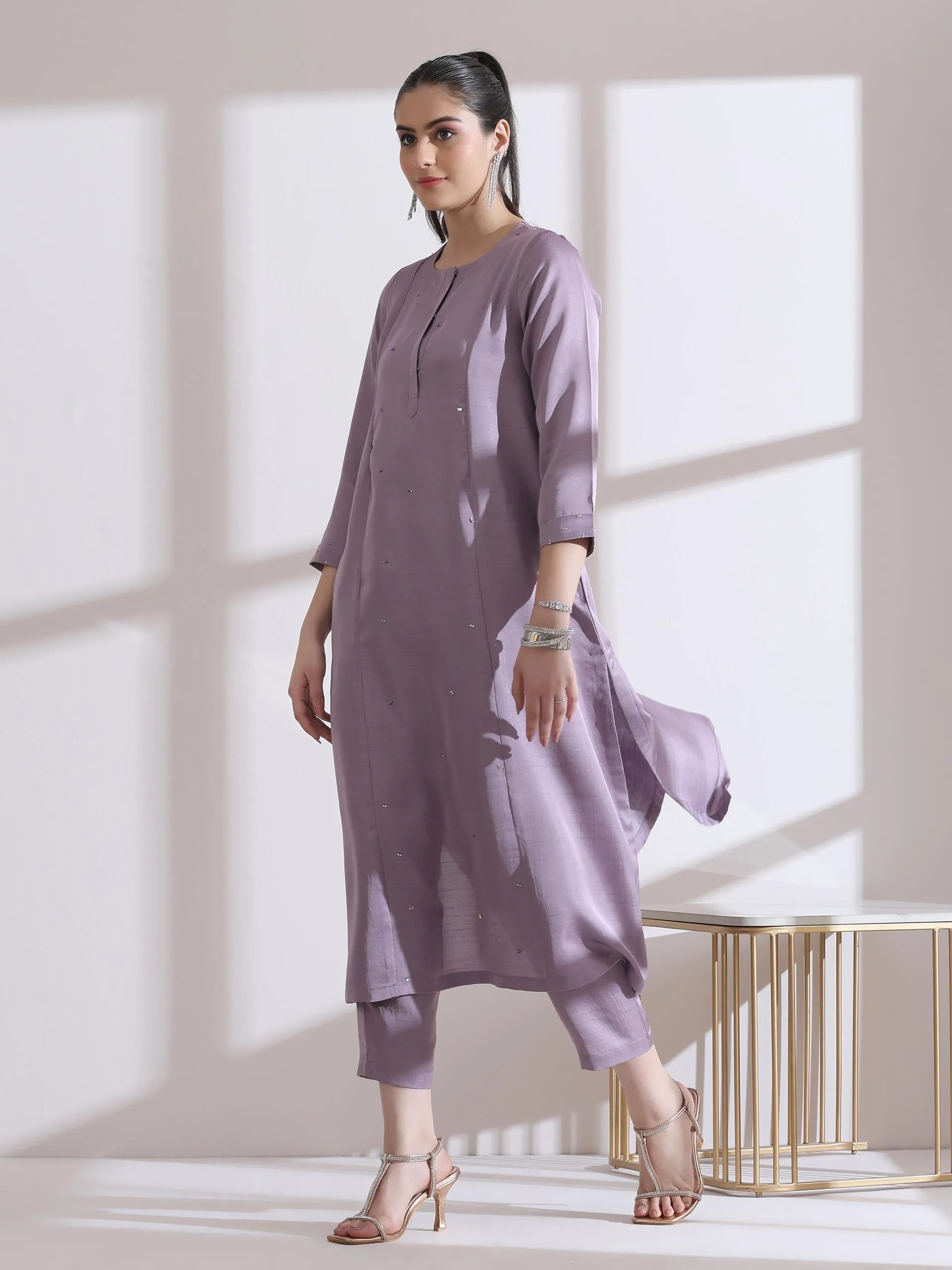 2 Pc Set - Prf'T Lux Lilac Beaded Kurta With Pants