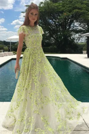 A-Line Jewel Cap Sleeves Floor-Length Daffodil Prom Dress with Appliques OHC086