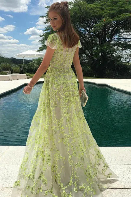 A-Line Jewel Cap Sleeves Floor-Length Daffodil Prom Dress with Appliques OHC086