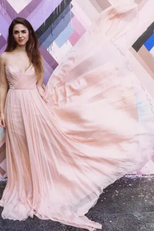 A-Line Spaghetti Straps Pink Beach Wedding Dress with Ruched OHD057