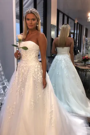 A-Line Strapless Sweep Train White Wedding Dress with Appliques OHD053