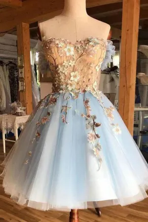 A Line Sweetheart Blue Short Homecoming Dresses with Flowers OHM018