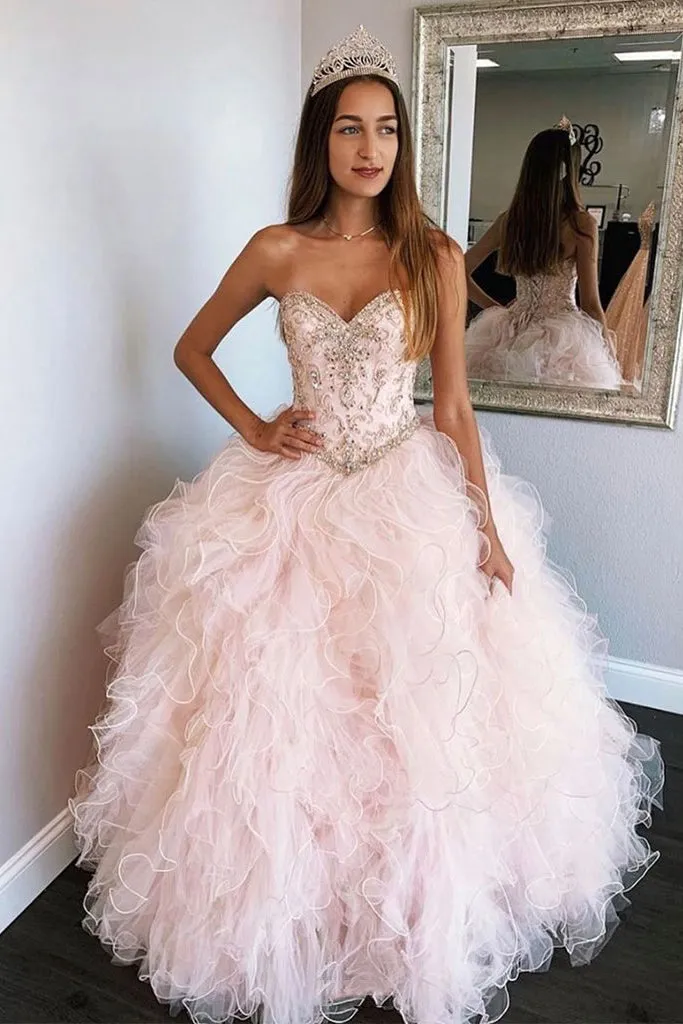 A Line Sweetheart Pink Tulle Beaded Layered Long Sweet Prom Dress Prom Gown OHC371
