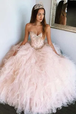 A Line Sweetheart Pink Tulle Beaded Layered Long Sweet Prom Dress Prom Gown OHC371
