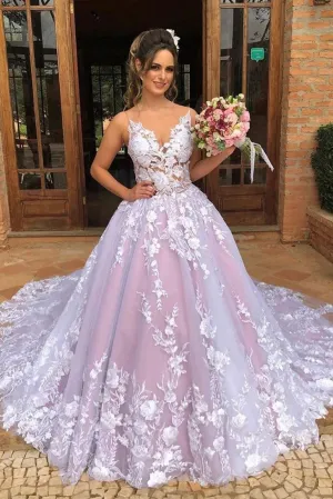 A-line V Neck Sleeveless Tulle Appliques Long Prom Wedding Gown OHD094