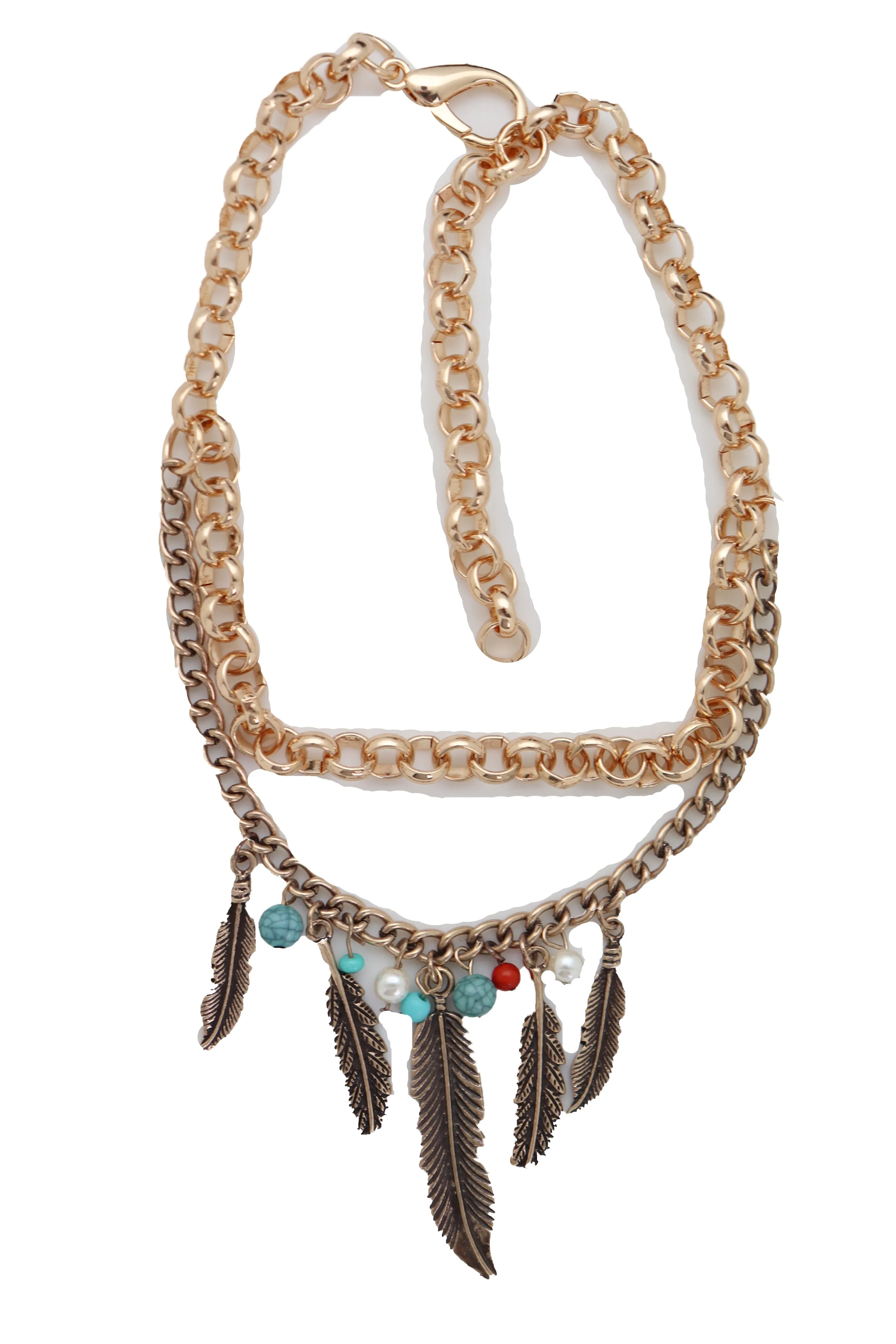 Antique Gold Boot Chain Bracelet Western Shoe Charm Ethnic Jewelry Feather