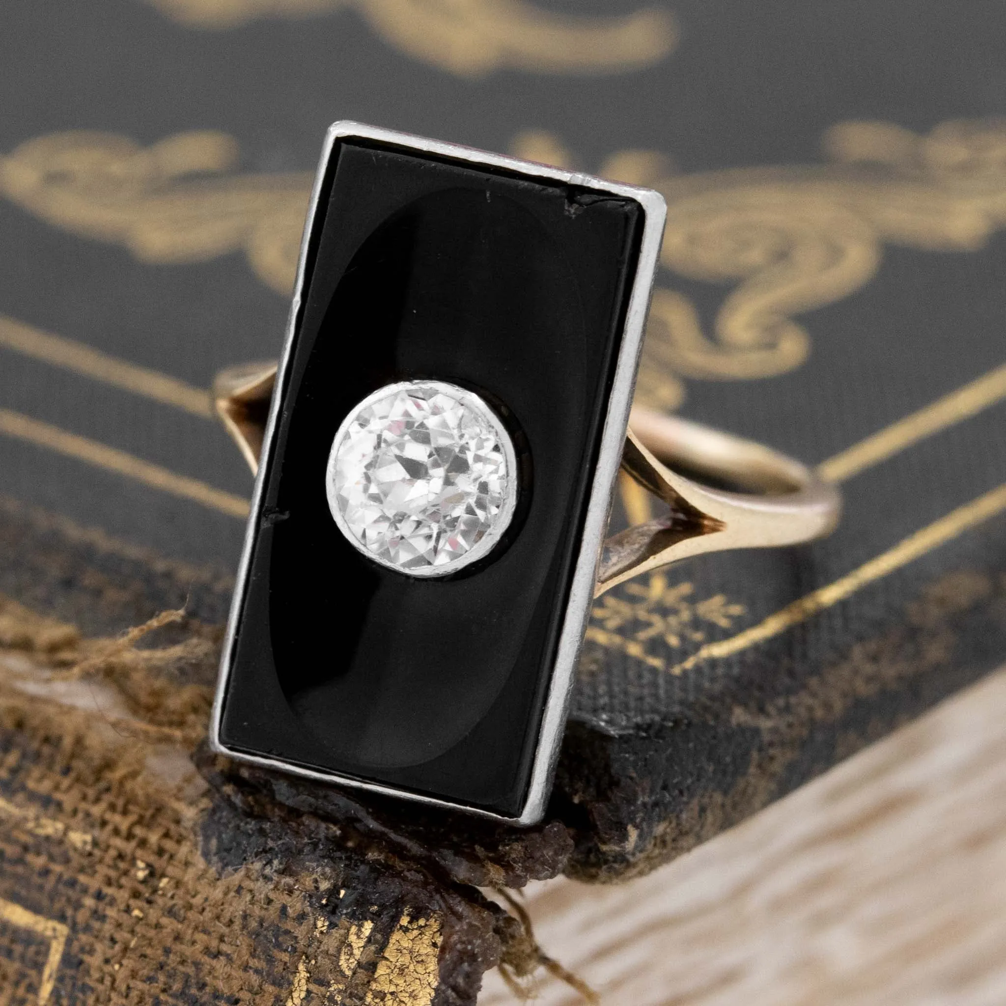 Antique Jubilee Cut White Sapphire and Onyx Dinner Ring