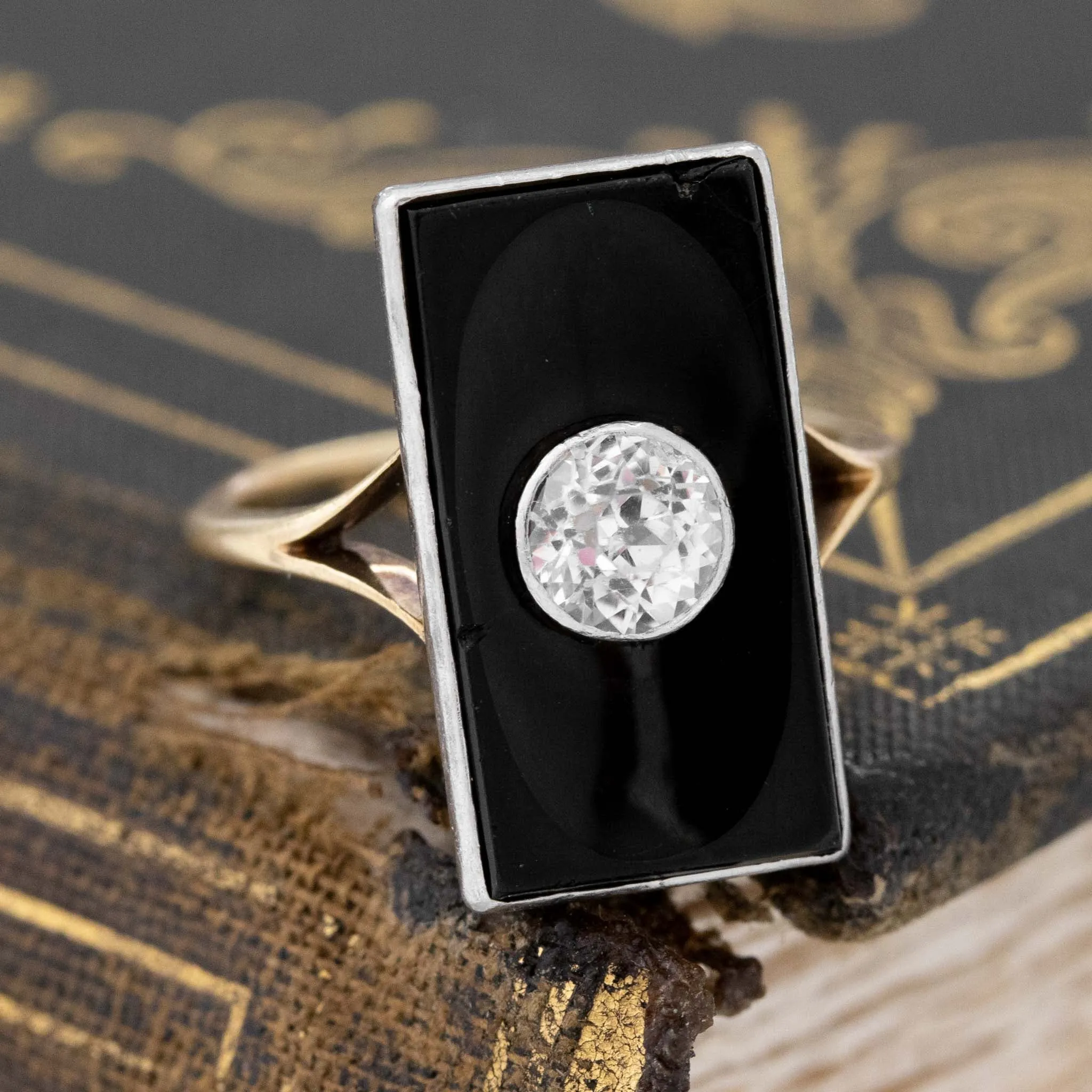 Antique Jubilee Cut White Sapphire and Onyx Dinner Ring