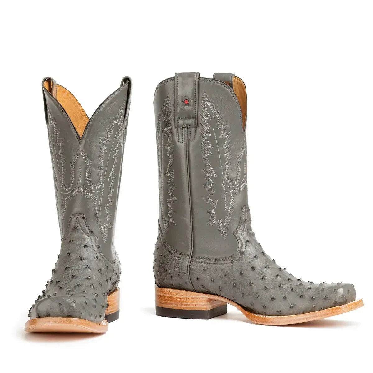 Antonio Full Quill Ostrich Stockman Square Toe Boot - Grey