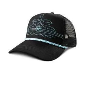 Ariat Ladies Black Ponyflo Ballcap with Turquoise Boot Stitch