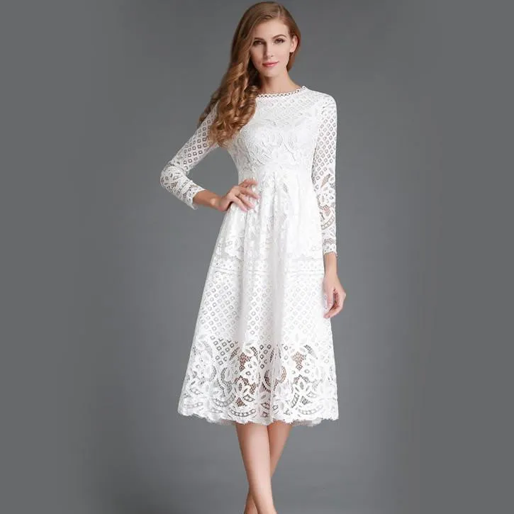 Autumn Hollow Out Elegant White Lace Elegant Party Dress High Quality Women Long Sleeve Casual Dresses H016