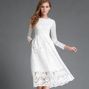 Autumn Hollow Out Elegant White Lace Elegant Party Dress High Quality Women Long Sleeve Casual Dresses H016