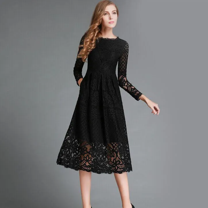 Autumn Hollow Out Elegant White Lace Elegant Party Dress High Quality Women Long Sleeve Casual Dresses H016