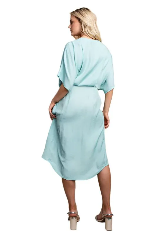 Batwing Sleeve Plunge Wrap Midi Dress