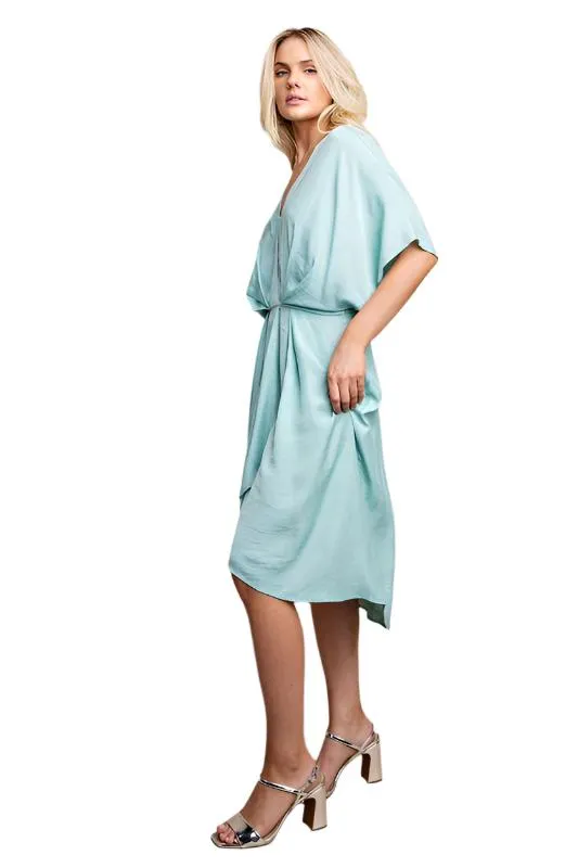 Batwing Sleeve Plunge Wrap Midi Dress