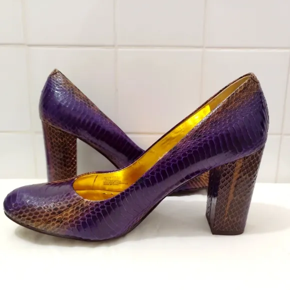 BCBG Calista Leather Snakeskin Heels Purple Gold Sz 7B 3&quot; Block Heel US 7 EU 37