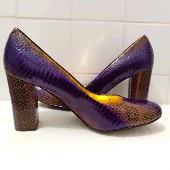 BCBG Calista Leather Snakeskin Heels Purple Gold Sz 7B 3&quot; Block Heel US 7 EU 37