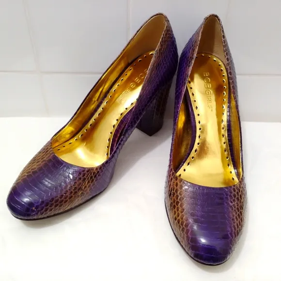 BCBG Calista Leather Snakeskin Heels Purple Gold Sz 7B 3&quot; Block Heel US 7 EU 37