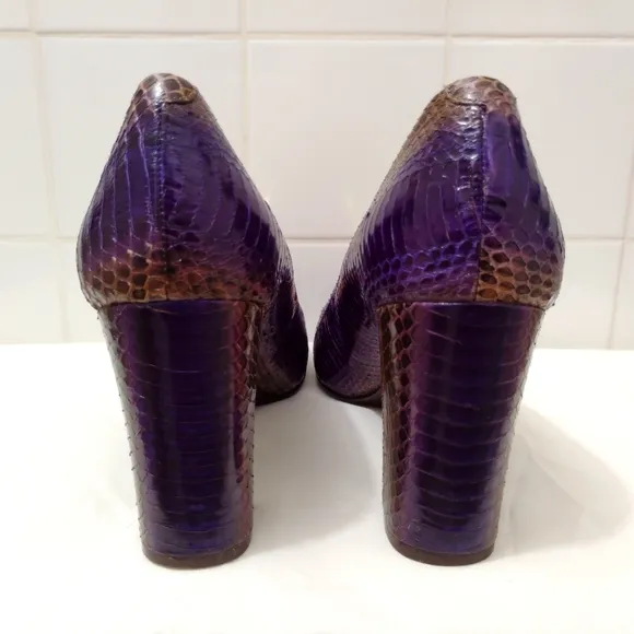 BCBG Calista Leather Snakeskin Heels Purple Gold Sz 7B 3&quot; Block Heel US 7 EU 37