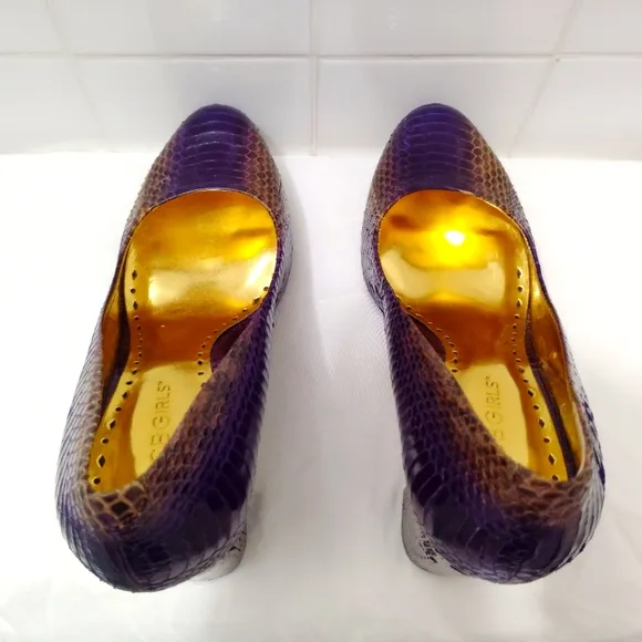 BCBG Calista Leather Snakeskin Heels Purple Gold Sz 7B 3&quot; Block Heel US 7 EU 37