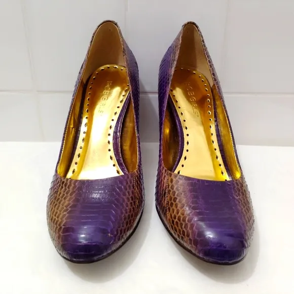 BCBG Calista Leather Snakeskin Heels Purple Gold Sz 7B 3&quot; Block Heel US 7 EU 37