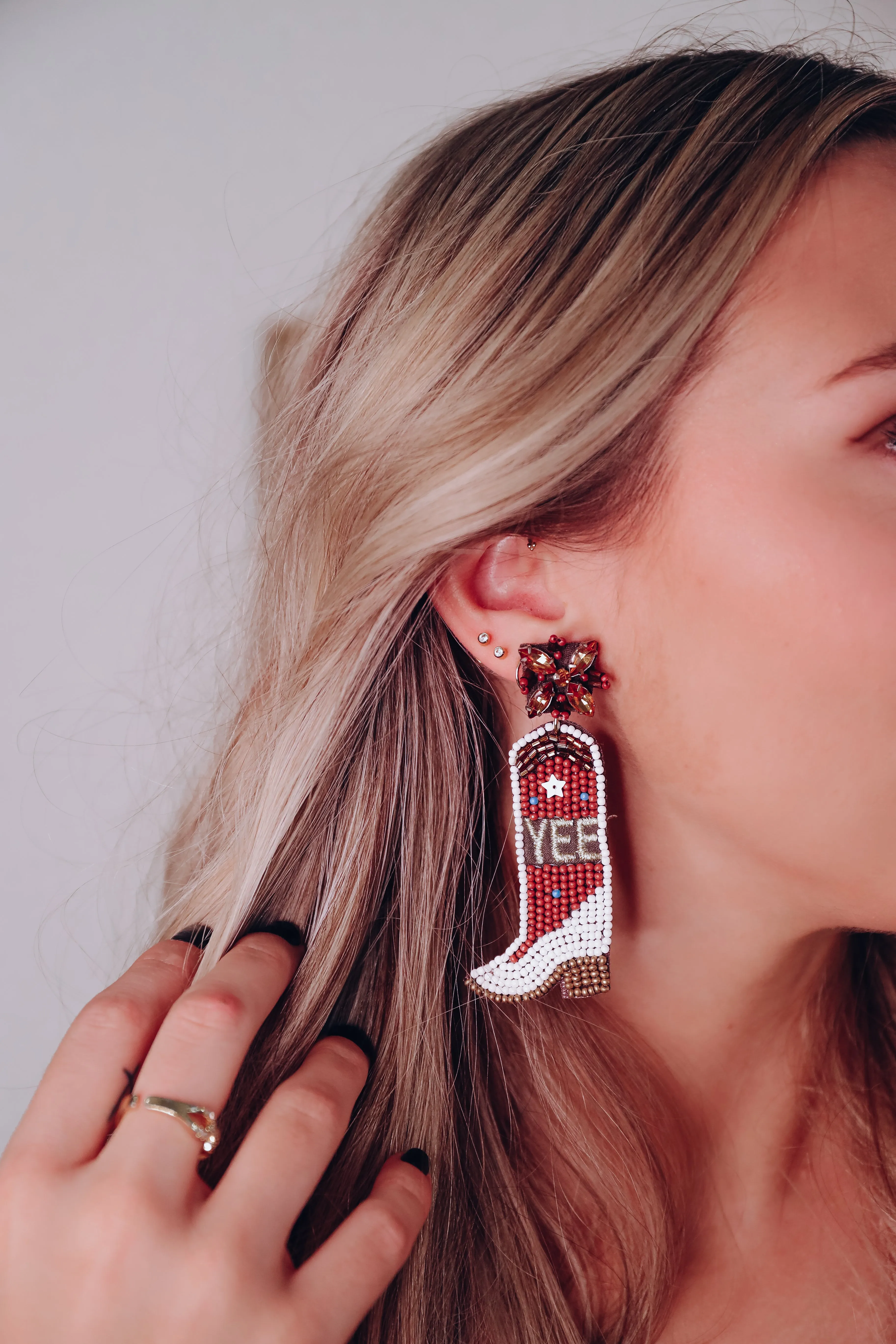 Beaded "Yeehaw" Cowboy Boot Earrings - Brown