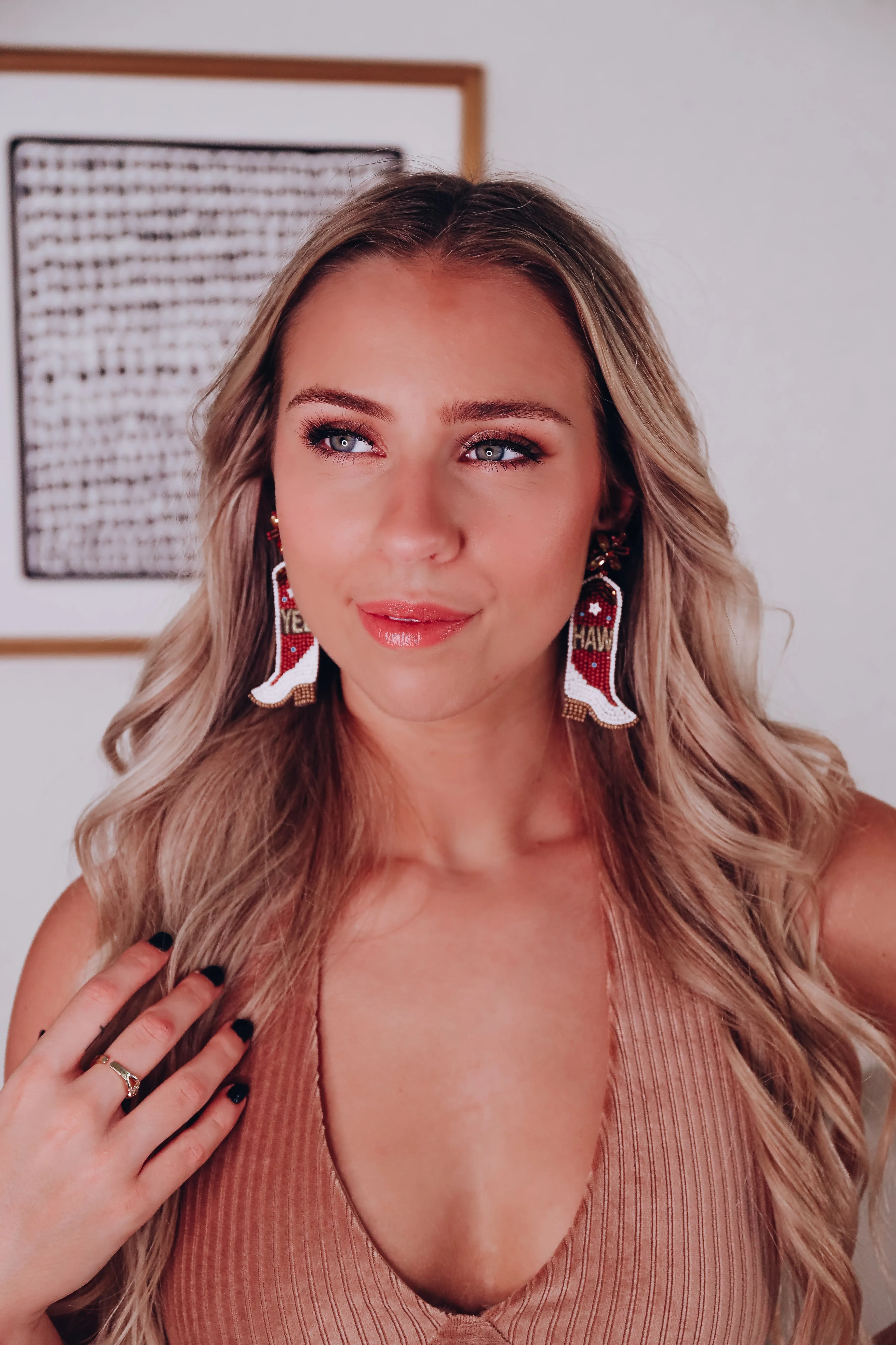 Beaded "Yeehaw" Cowboy Boot Earrings - Brown