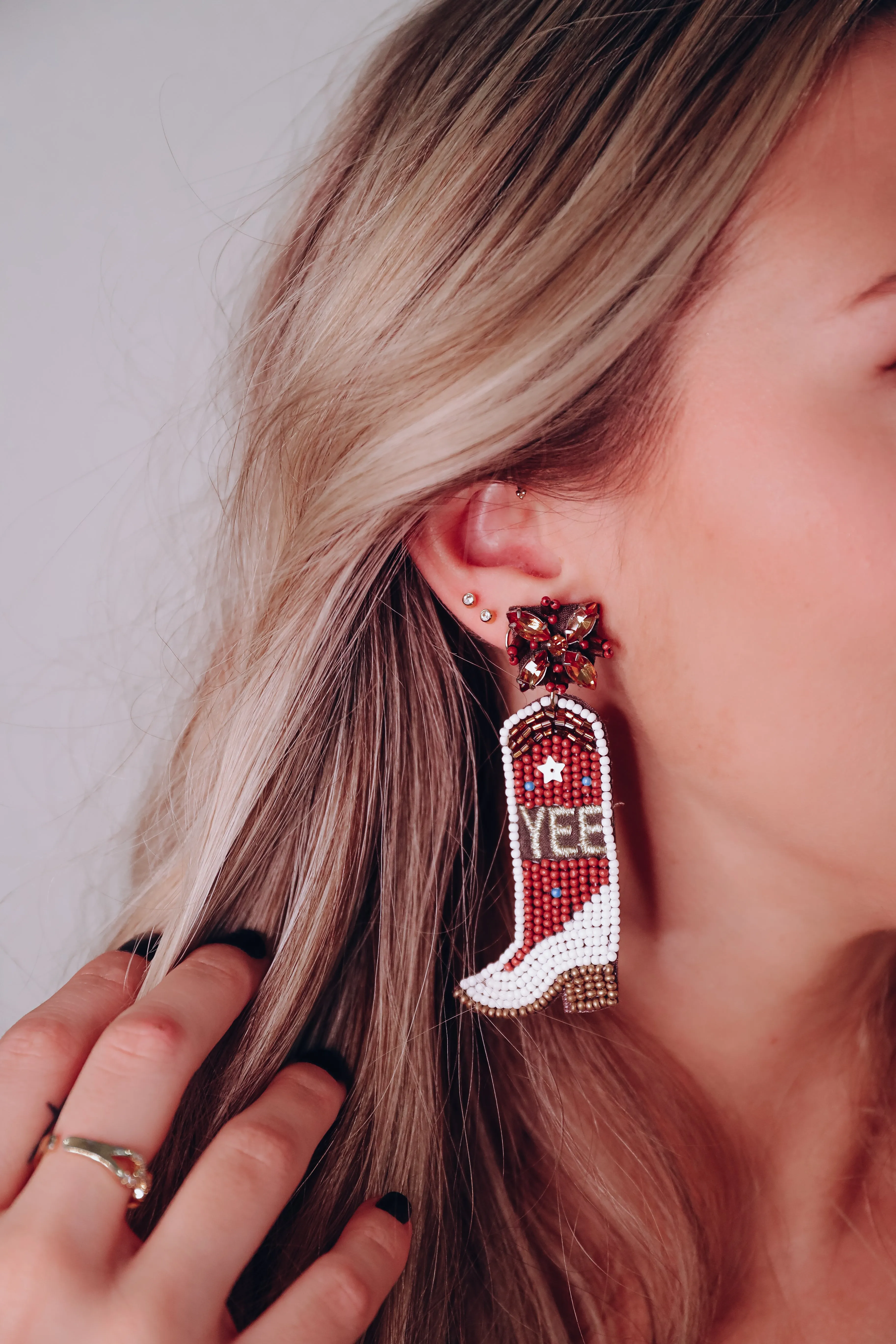 Beaded "Yeehaw" Cowboy Boot Earrings - Brown