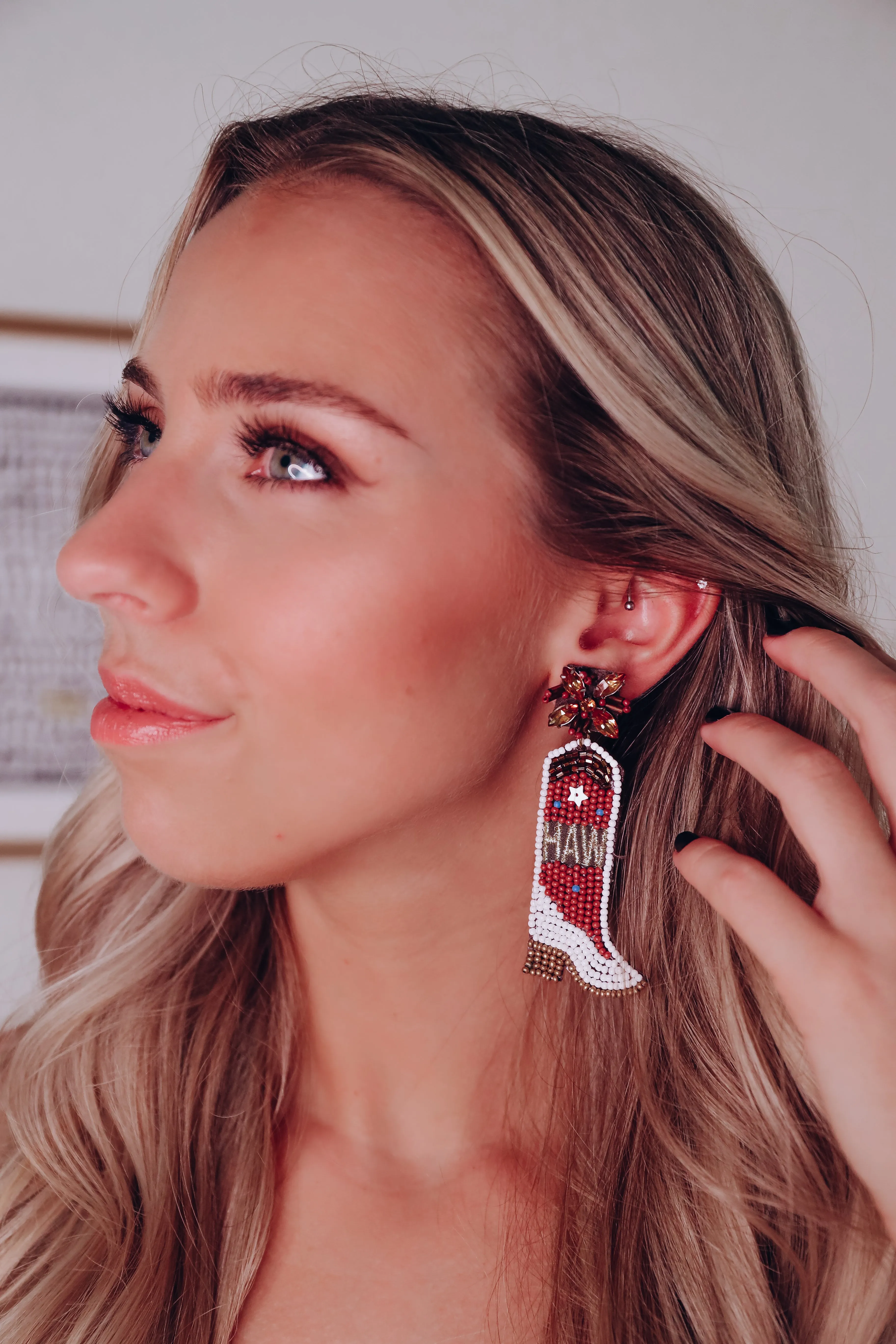 Beaded "Yeehaw" Cowboy Boot Earrings - Brown