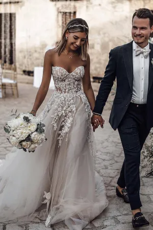 Beautiful A Line Sweetheart Sweep Train Long Wedding Dresses Bridal Gown OHD092