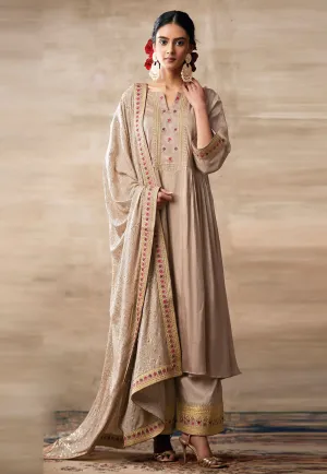 Beige Embroidered Designer Palazzo Suit