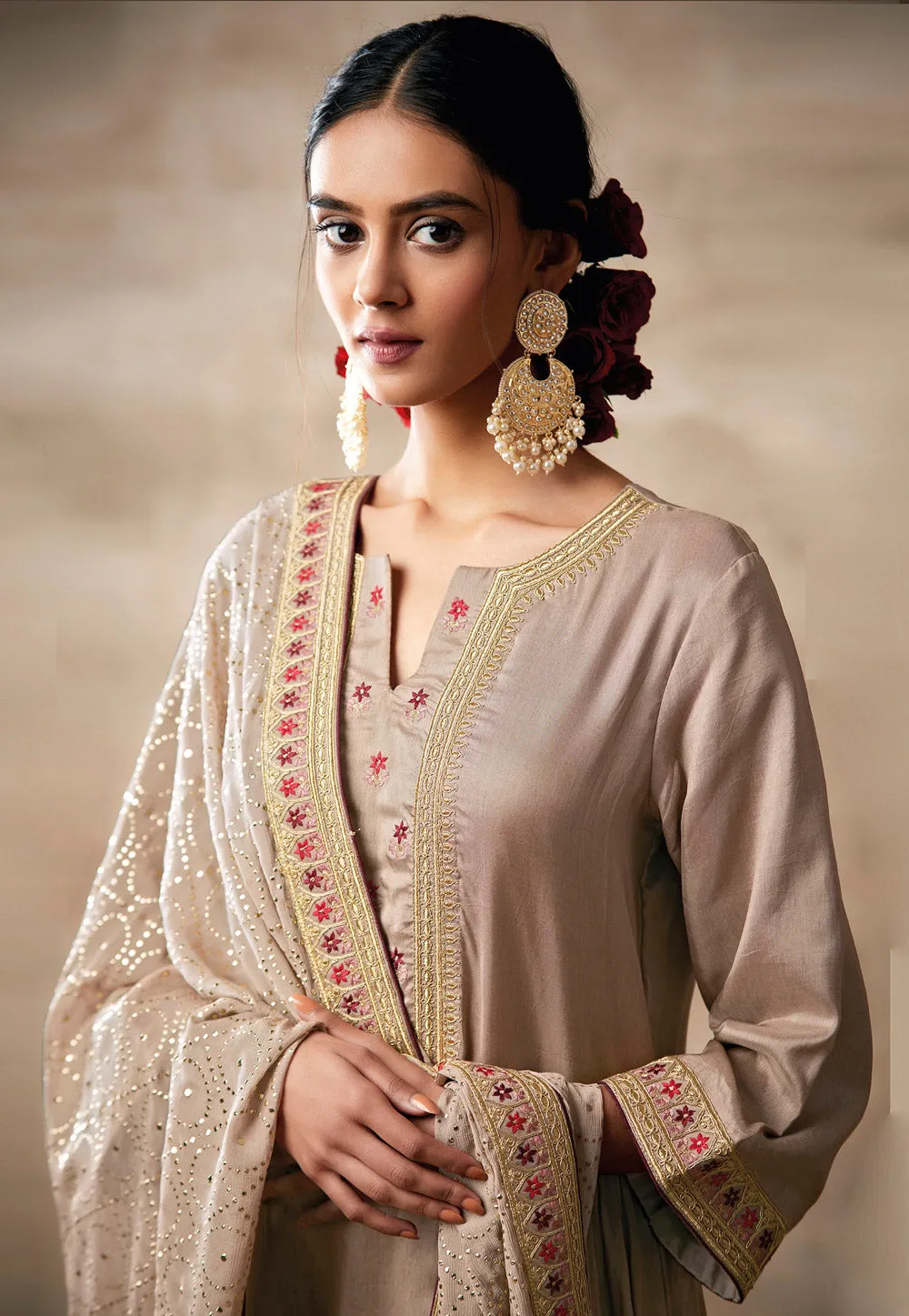 Beige Embroidered Designer Palazzo Suit