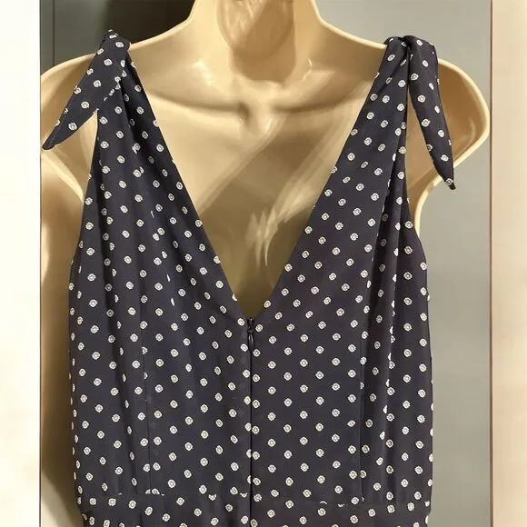 Betsey Johnson Navy Blue White Floral dots Sleeveless V-Neck Back Zipper Dress