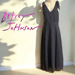 Betsey Johnson Navy Blue White Floral dots Sleeveless V-Neck Back Zipper Dress