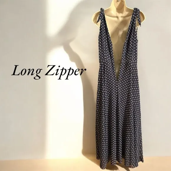 Betsey Johnson Navy Blue White Floral dots Sleeveless V-Neck Back Zipper Dress