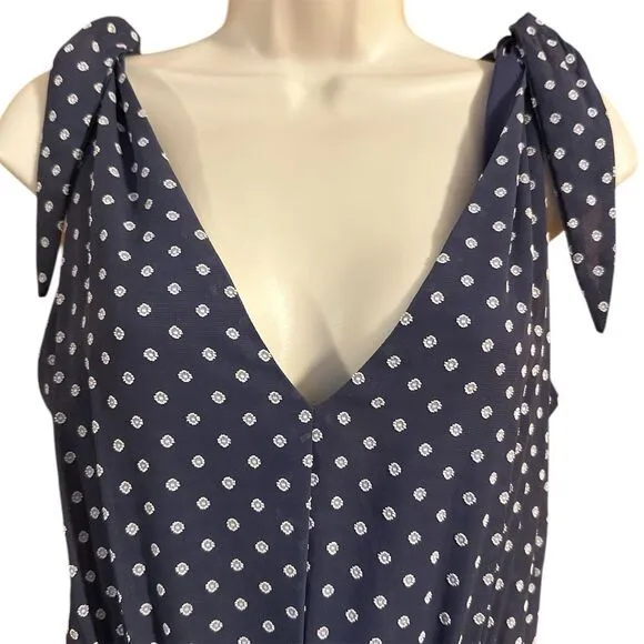 Betsey Johnson Navy Blue White Floral dots Sleeveless V-Neck Back Zipper Dress
