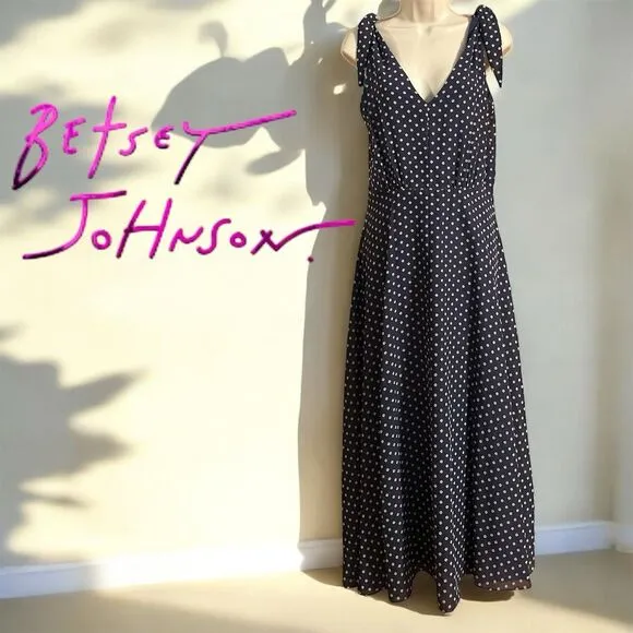 Betsey Johnson Navy Blue White Floral dots Sleeveless V-Neck Back Zipper Dress
