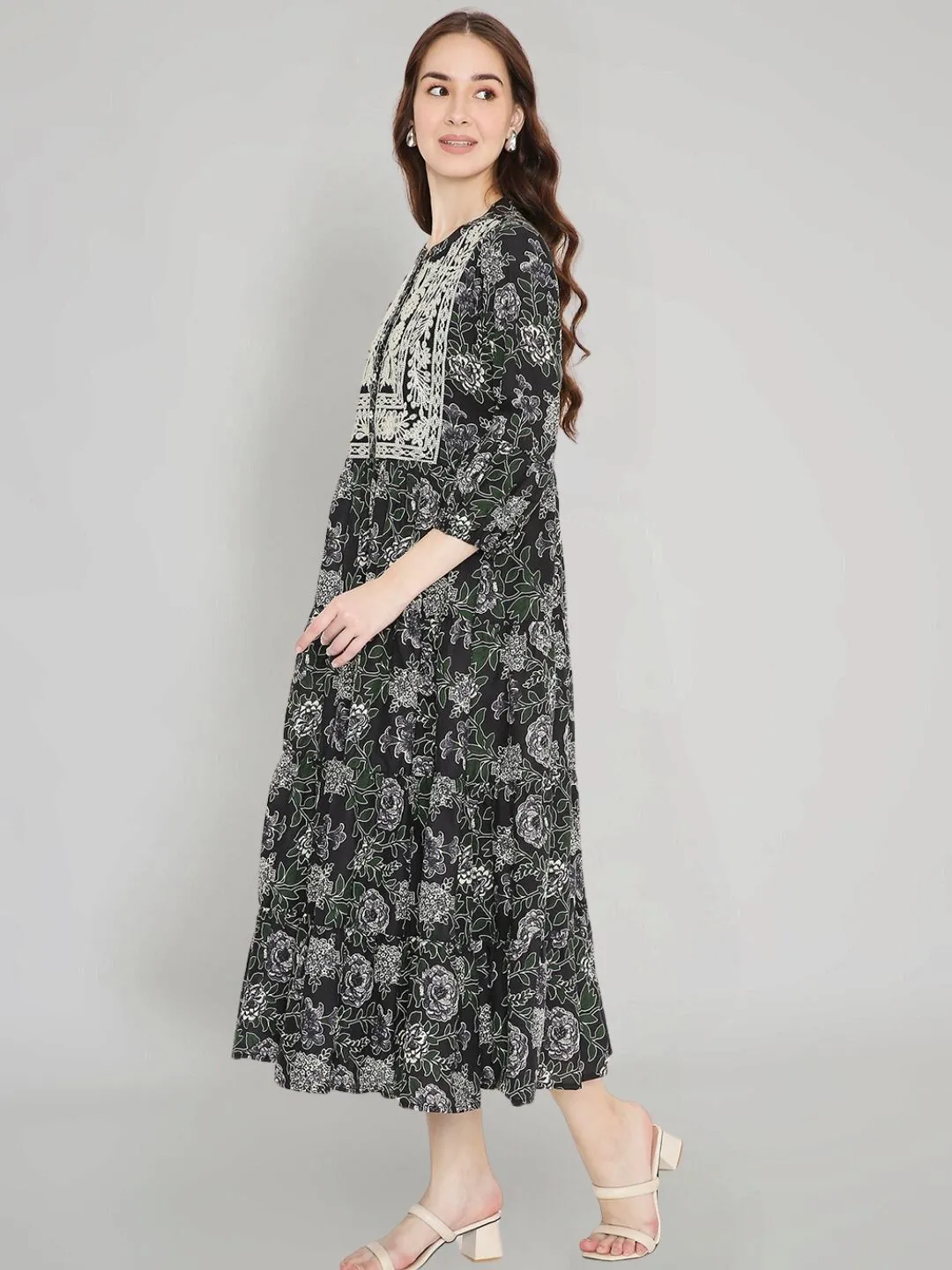 Black Cotton Tiered Midi Dress