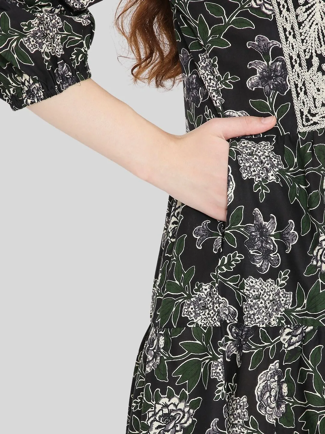 Black Cotton Tiered Midi Dress