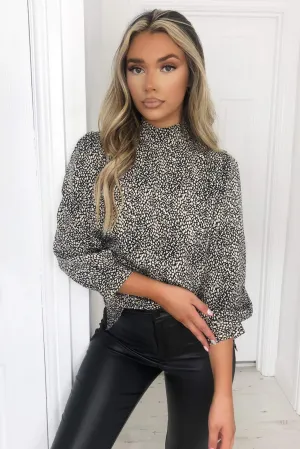Black Printed High Neck Cuff Top