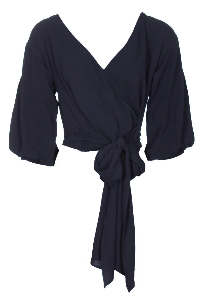 Black Wrap Cropped Tie Top