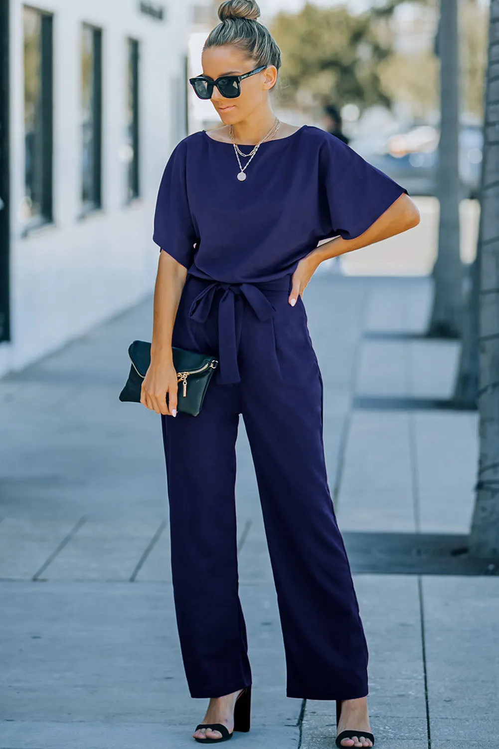 Blue Belted Wide Leg Jumpsuit