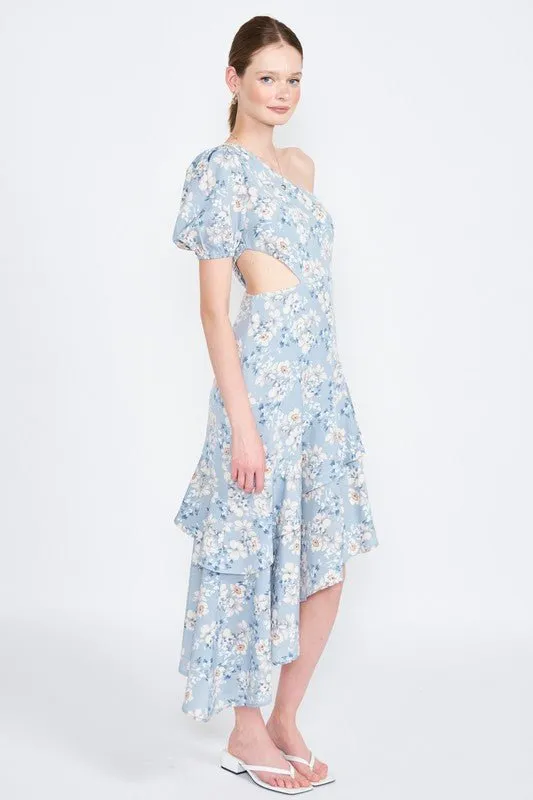 Blue Floral One Shoulder Dress