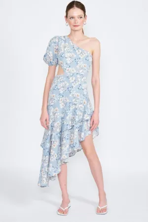 Blue Floral One Shoulder Dress