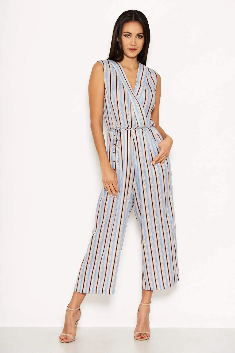 Blue Stripe V Neck Culotte Jumpsuit