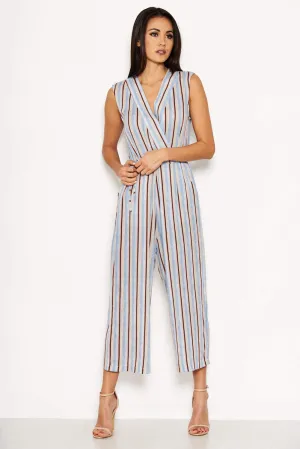 Blue Stripe V Neck Culotte Jumpsuit
